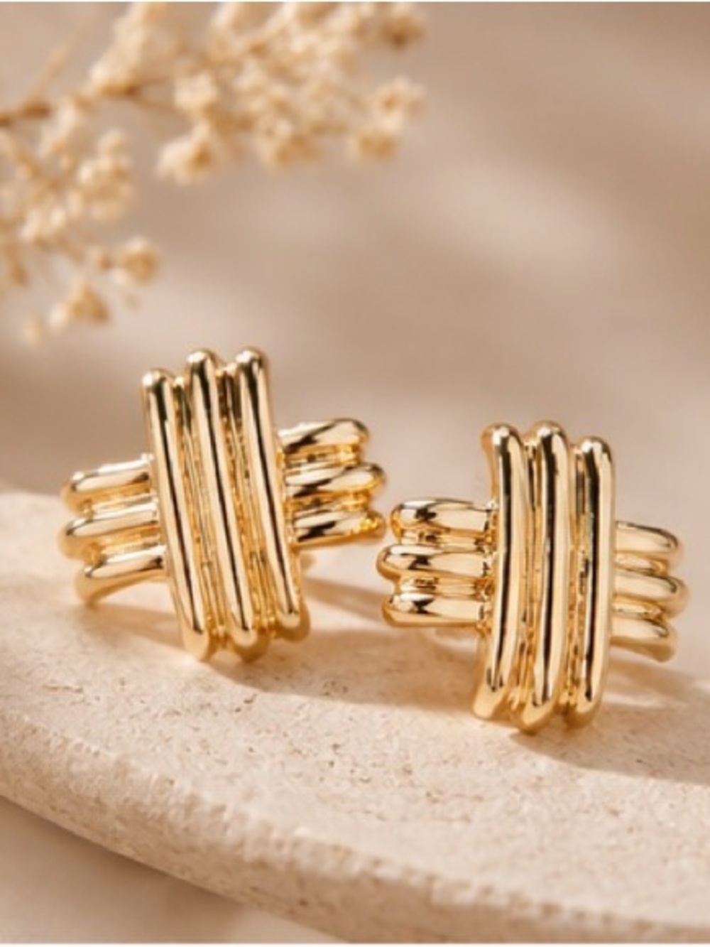 Anthropologie Gold Tone Crosshatch Geometric Stud Earrings NWT